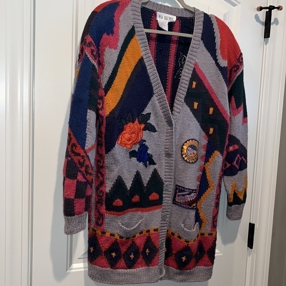 RETRO 80s chunky knit novelty funky patch sweater cardigan XL colorful kitsch - Picture 15 of 17